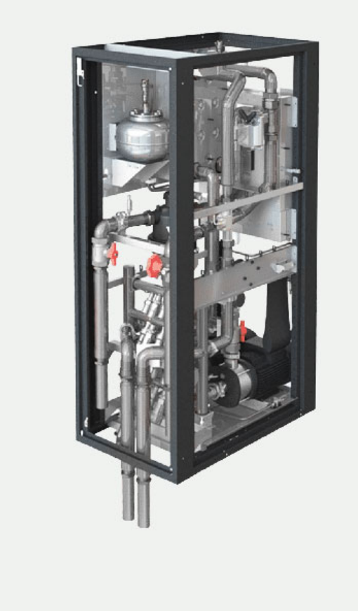 CDU internal assembly: plate heat exchanger, inverter-duty pumps, piping, valves and expansion vessel