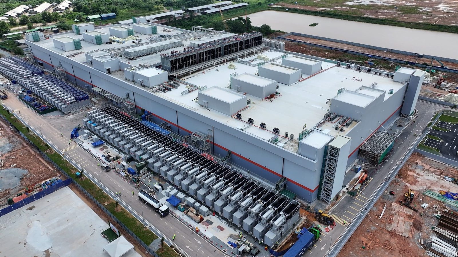 Aerial view of the PDG data center campus in Malaysia, showing the chiller yard served by the HYATCS automatic condenser tube cleaning system